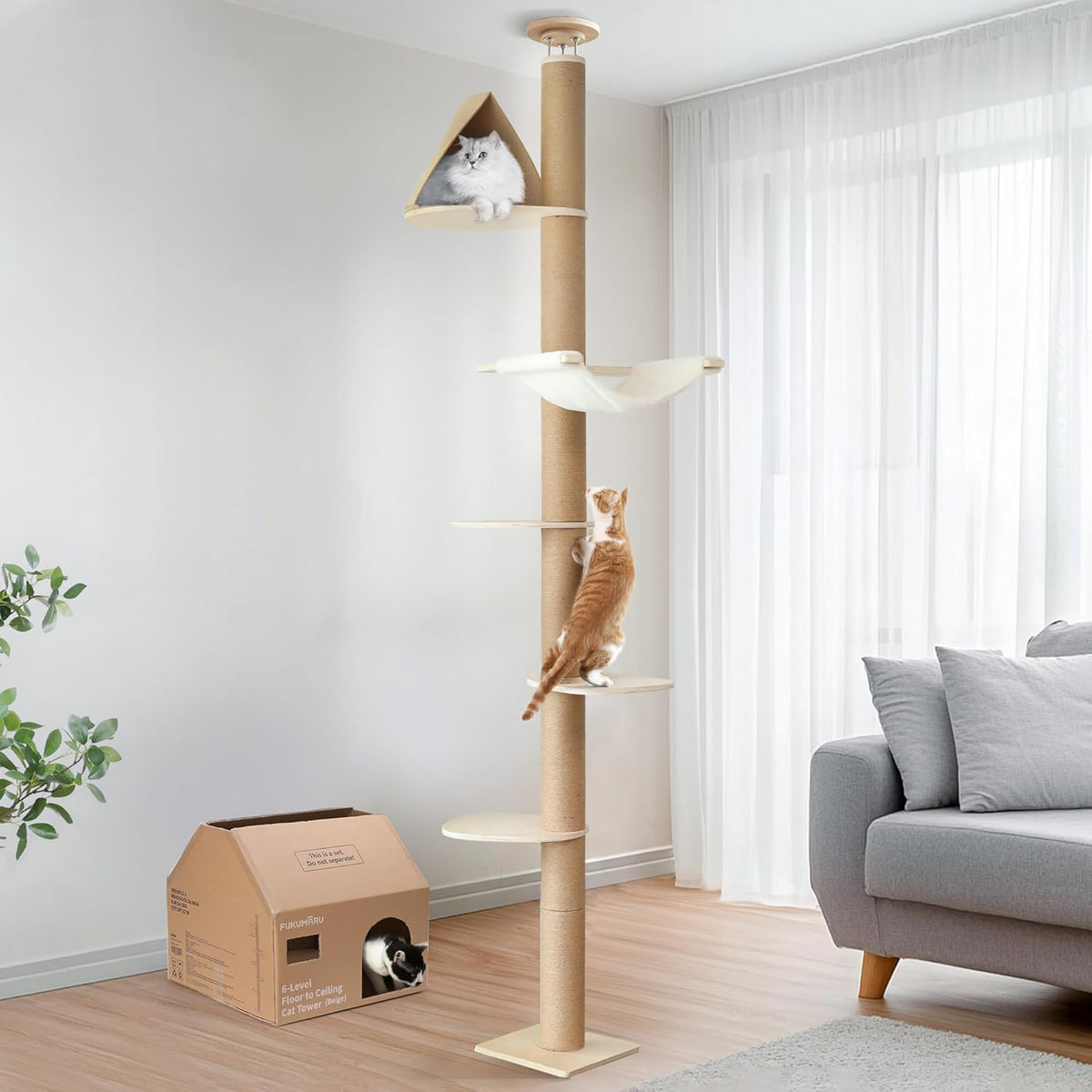 FUKUMARU Floor to Ceiling Cat Tree, 6 Level Adjustable Height (6-10 ft) Climbing Tower with