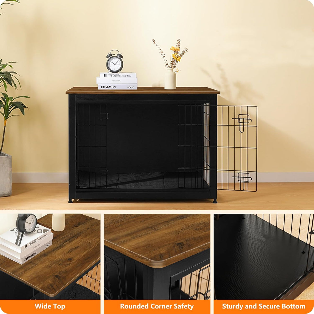 DWANTON Dog Crate Furniture with Cushion, Wooden Kennel Table with Double Doors, Indoor Dog House