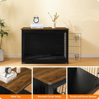 DWANTON Dog Crate Furniture with Cushion, Wooden Kennel Table with Double Doors, Indoor Dog House