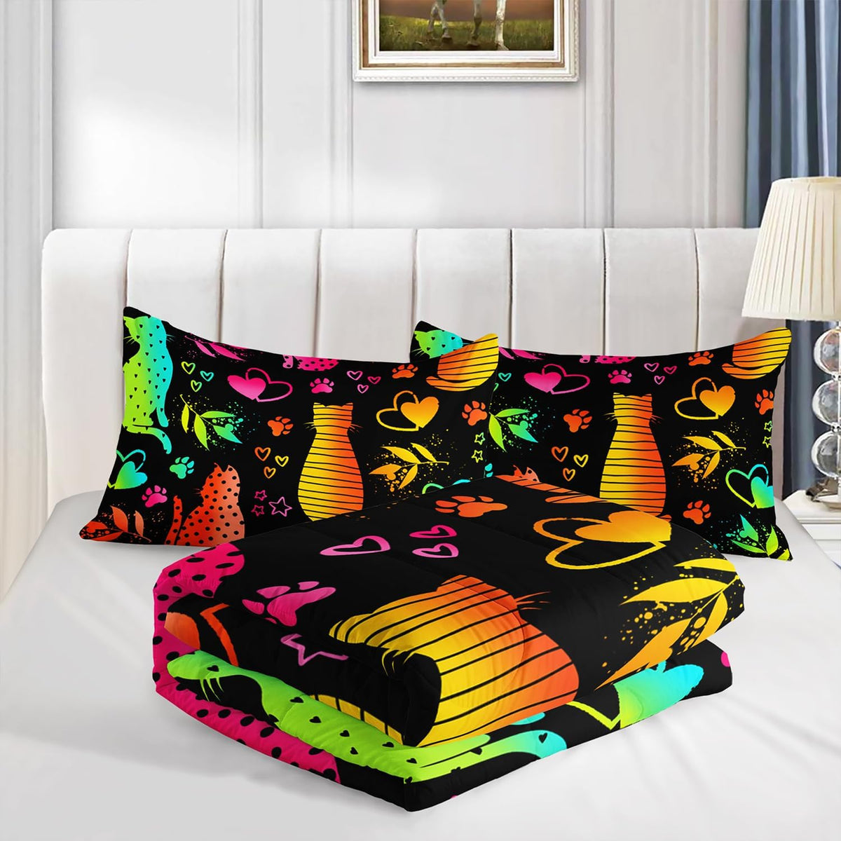 Kawaii Cat Animal Comforter 3Pcs Full Lovely Pet Cat Bedding Set for Kid Teen Girl Boy Adult Room