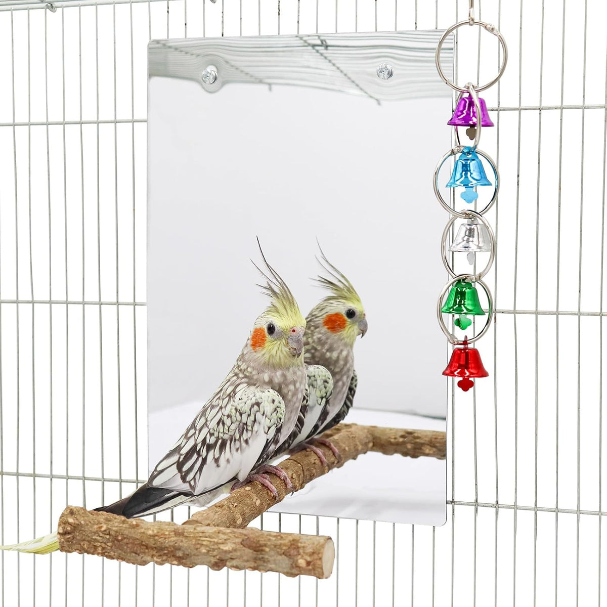 Oooct Large Bird Mirror Toy with Perch Stand, Parrot Parakeet Mirror with Bird Swing Bell Toys