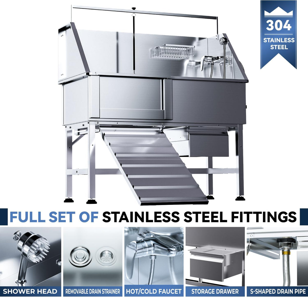 Professional 46" Dog Washing Station, Stainless Steel Dog Bathing Station, Height Adjustable Dog