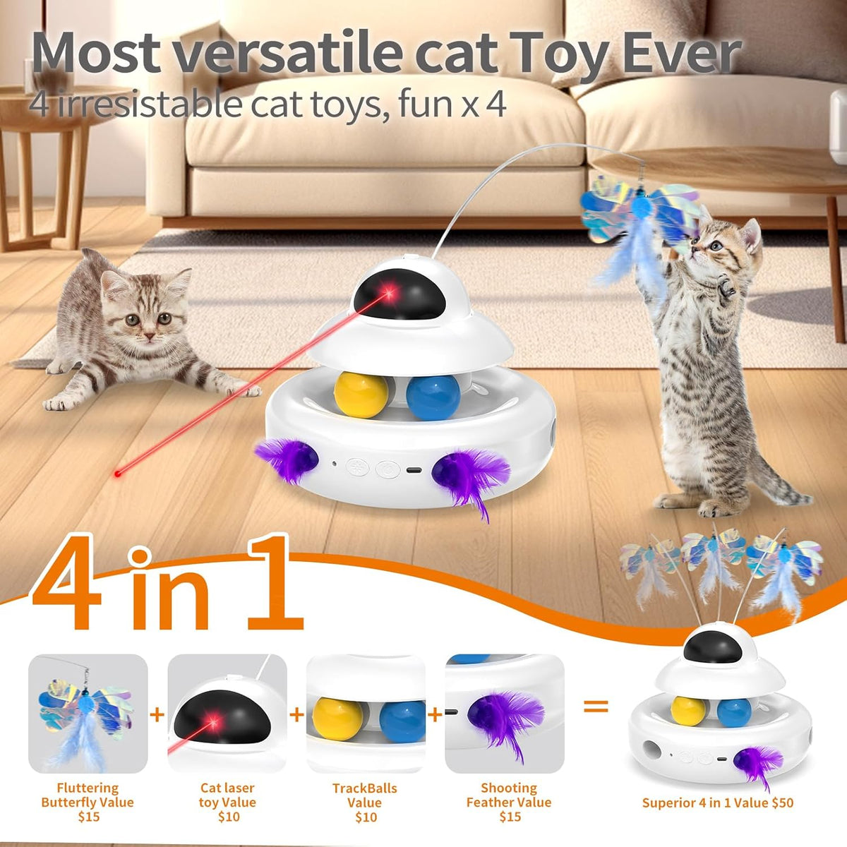 Interactive Cat Toys for Indoor Cats,4-in-1 Automatic Kitten Toy,Motion Activated Electronic