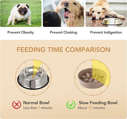 Ceramic Raised Slow Feeder Dog Bowl Set, Elevated 6.1inch Bowl and 7.3inch Slow Pet Food Dish with
