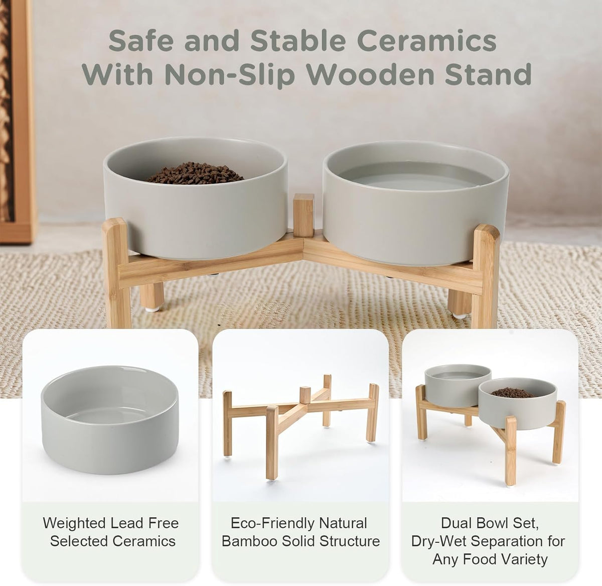 SPUNKYJUNKY Elevated Dog Bowls Ceramic, 7.3'' Dogs Food Water Bowls Raised with Non-Slip Bamboo