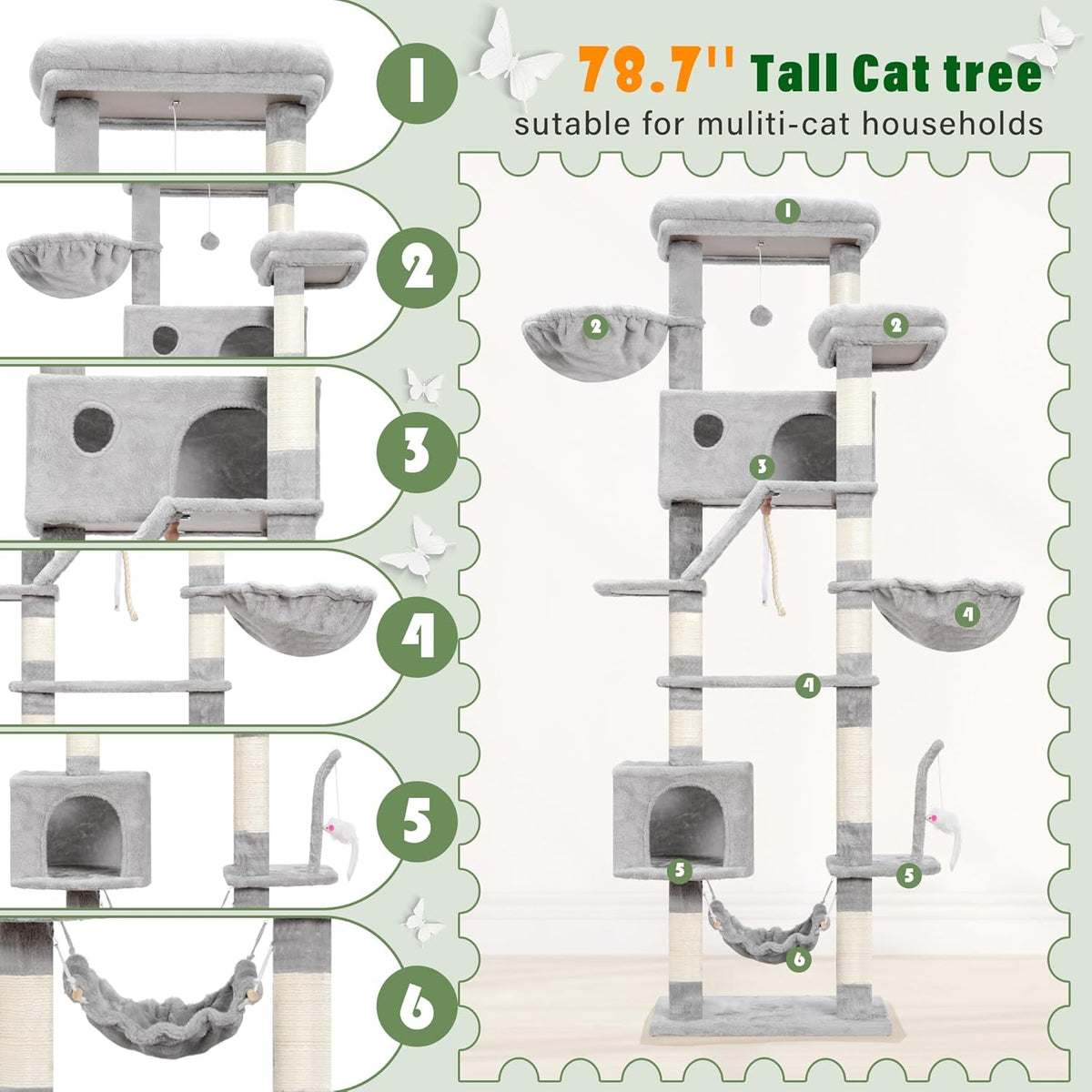 Cat Tree for Large Cats, 78.7"(200cm) Tall Cat Tower for Indoor Cats Multiple Cats with Large Top