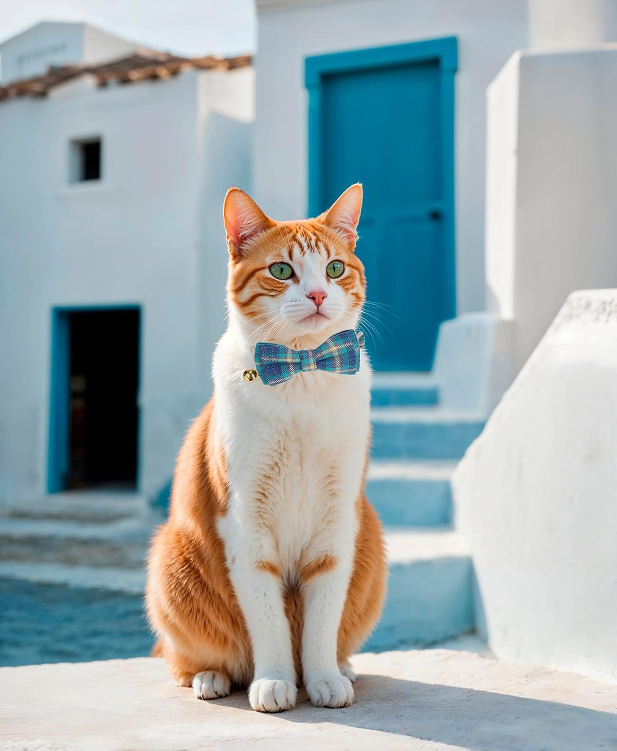 2 Pack Soft Cotton Cat Collars with Bowtie and Bell Breakaway Plaid Cat Kitten Collar(Ocean Blue