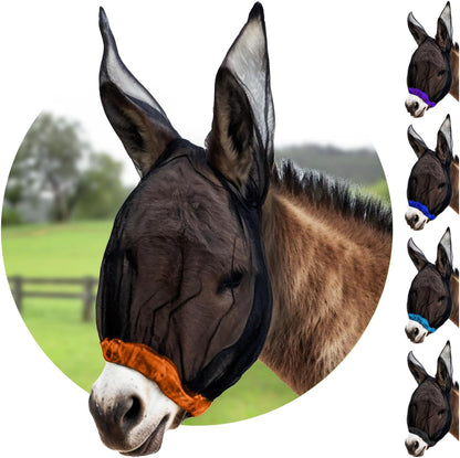 Donkey Fly Mask with Long Ears (Orange) Made in USA - Mule Fly Mask with Ears Protection from