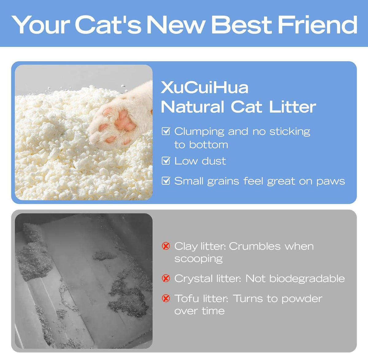 Natural Cat Litter Unscented, 100% Plant-Based, Strong Clumping Litter, Easy Scooping, Clumps Lift