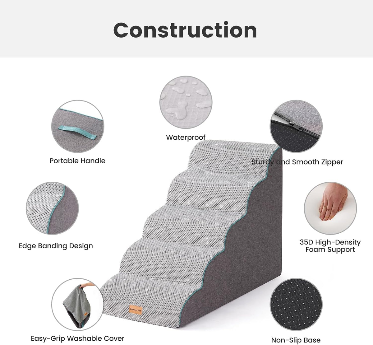 Gardner Pet Dog Stairs for Small Dogs 22.8" H, Curved 5-Step Pet Stairs, Dog Steps for High Bed