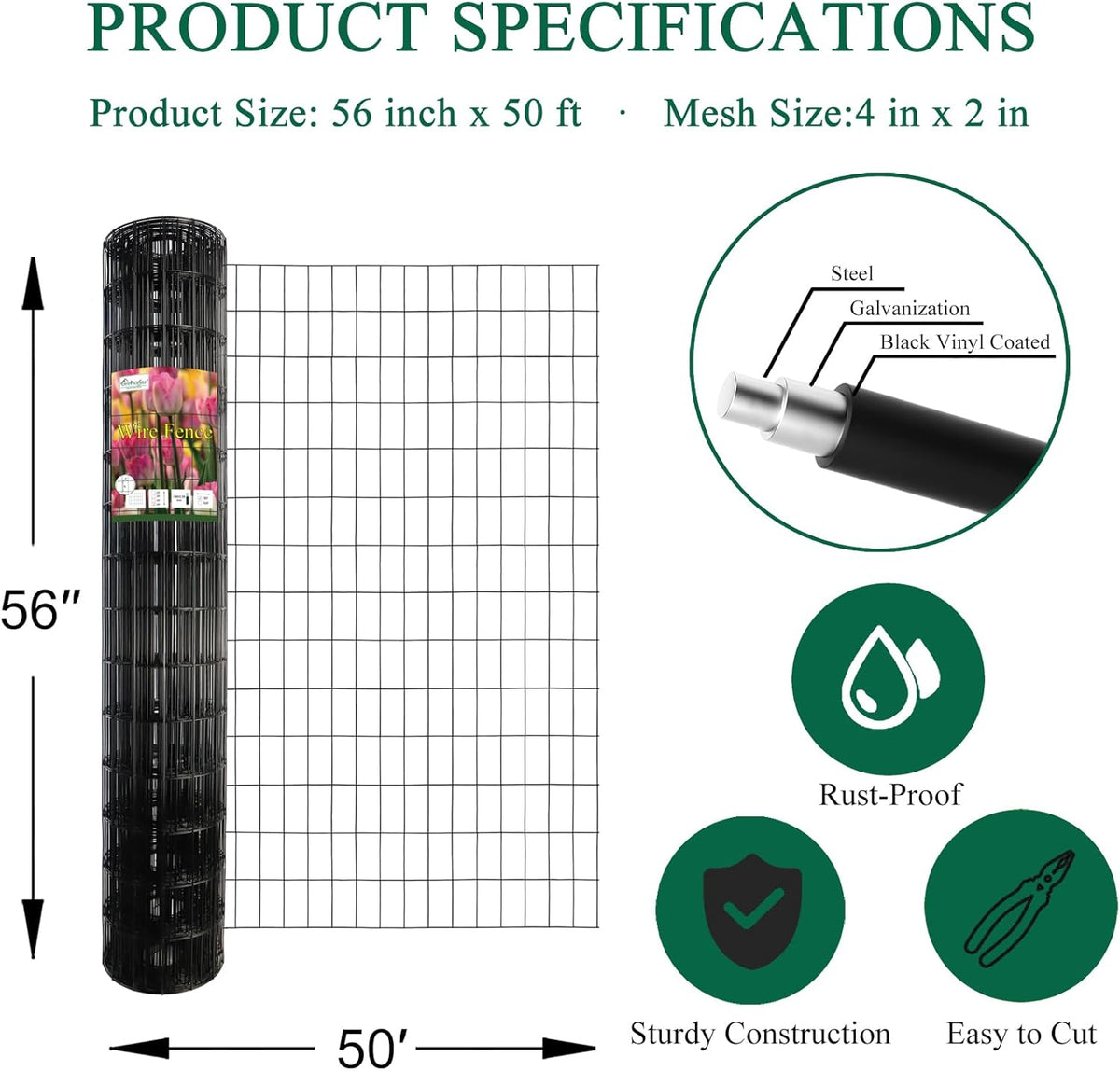 Black PVC Coated Welded Wire Fence 56 Inch x 50 Foot, 2 Inch x 4 Inch 14GA, Garden Border Fencing