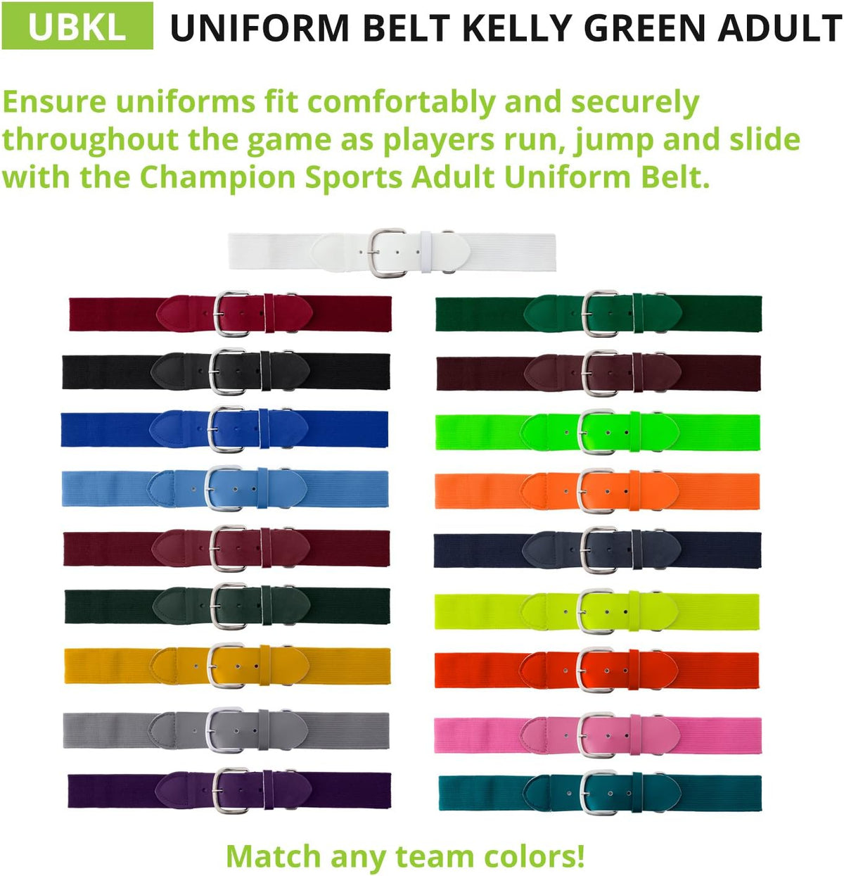 Champion Sports Baseball/Softball Uniform Belt, Comfort Stretch Fit Durable Syntex Tab - Youth &