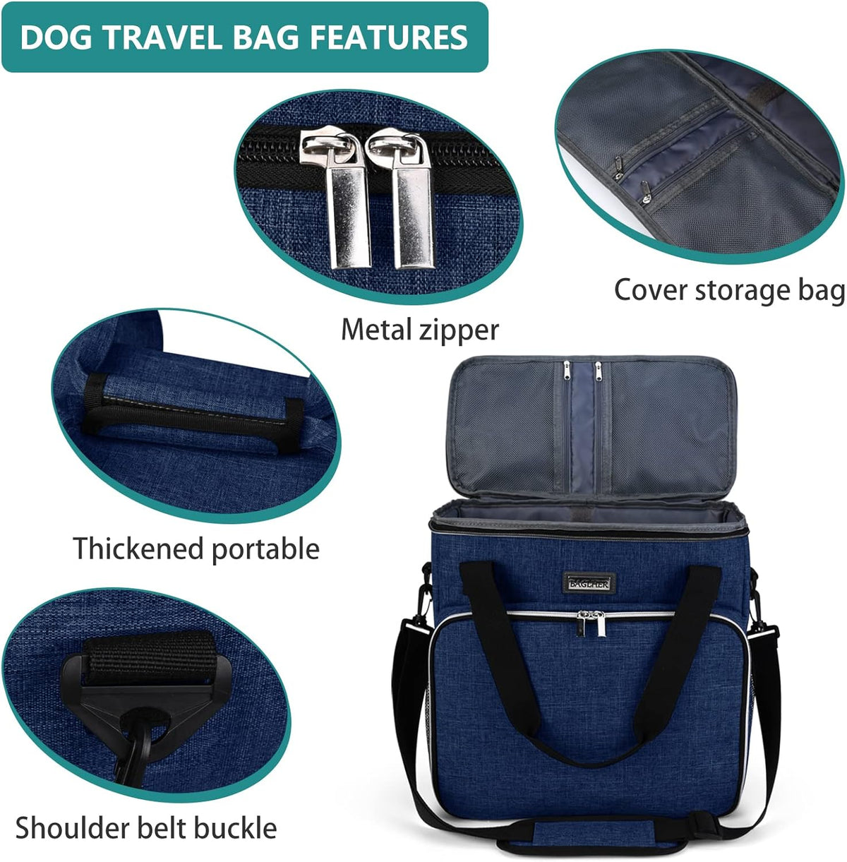BAGLHER Dog Travel Bag, Pet Travel Bag (ALL Pet Travel Supplies), With 2 Pet Food Containers and 2