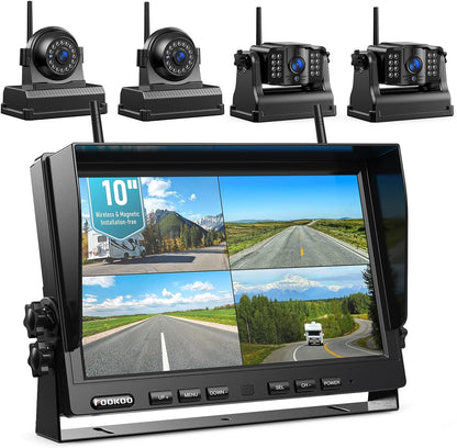 Fookoo 1080P 10" Magnetic Wireless Backup Camera 10" HD Split Screen Monitor,Rechargeable 2 Side