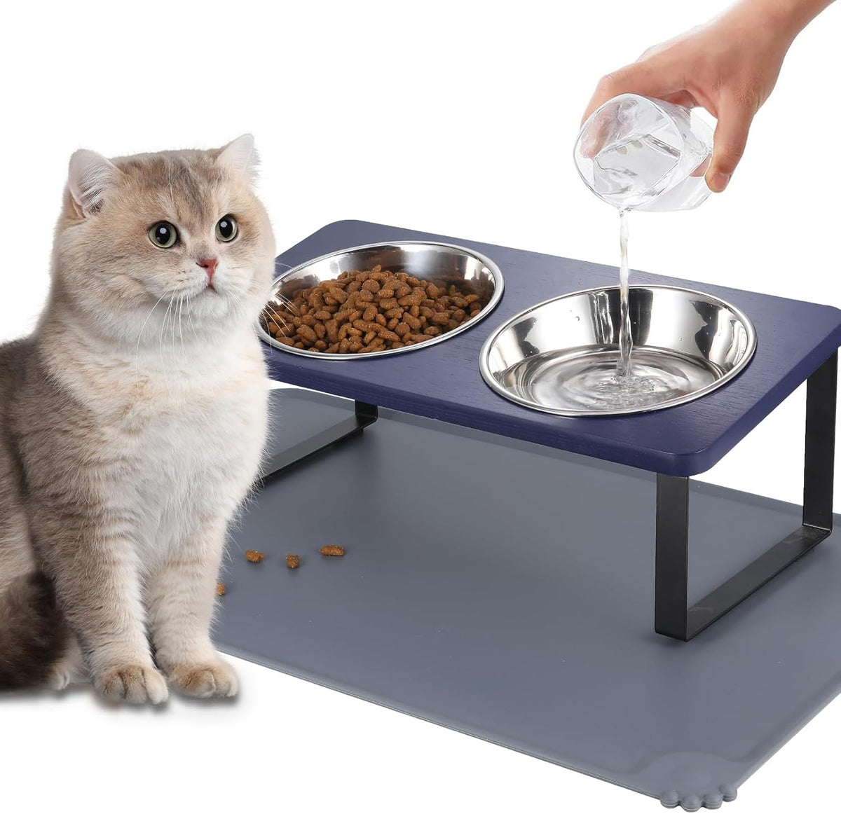 Upgraded Elevated Cat Bowls with Food Mat,15°Tilted Stand Anti Vomiting Raised Cat Dishes for Food