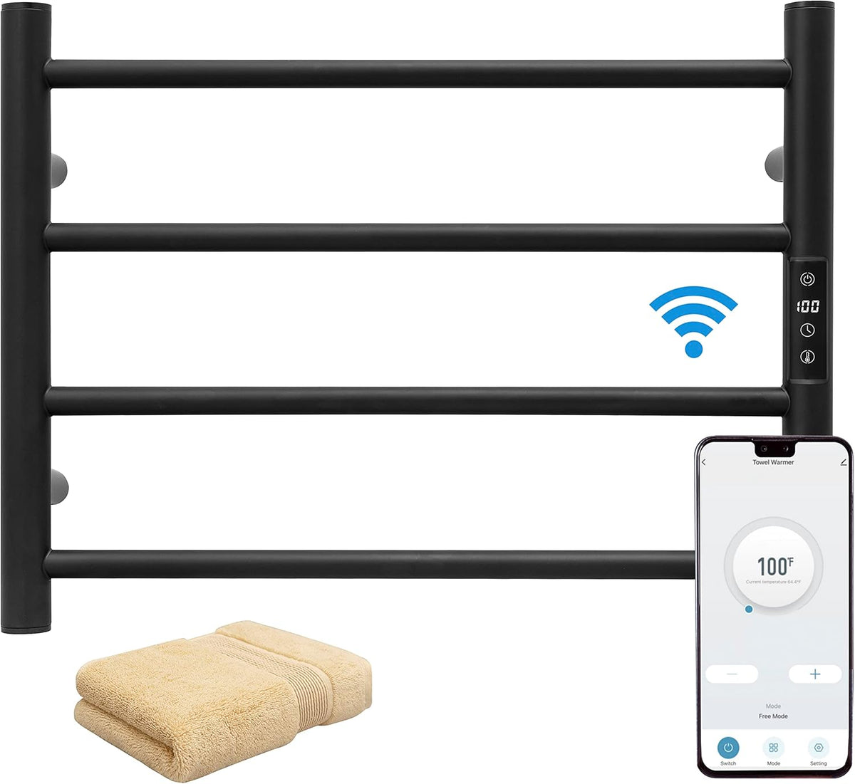 KEG Smart WiFi Towel Warmer Wall Mounted with Built-in Timer and Temperature Adjust Control, 4 Bars