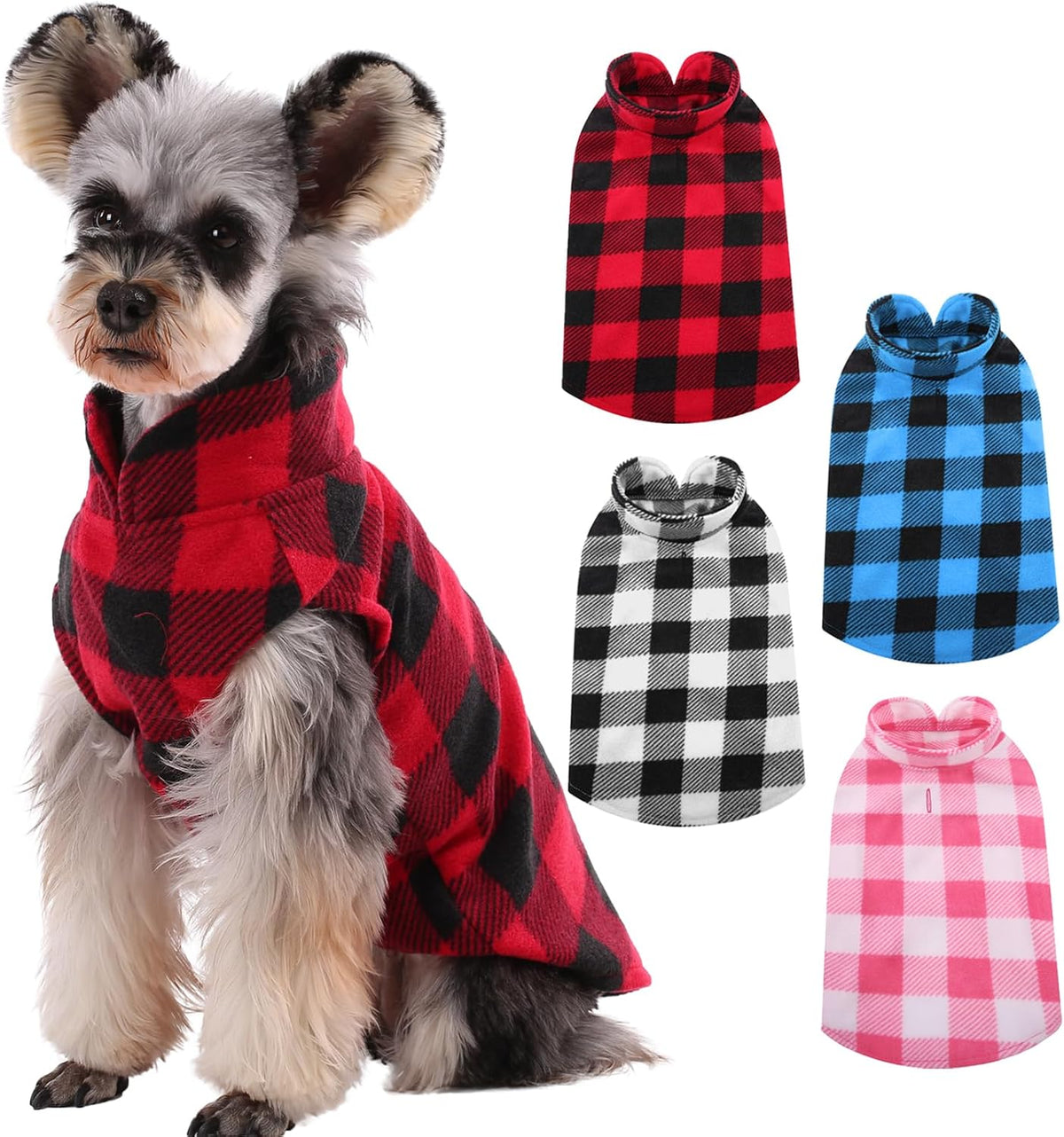 Kuoser 4 Pack Dog Fleece Vest,Warm Plaid Dog Sweater with Leash Hole,Soft Turtleneck Winter Pet