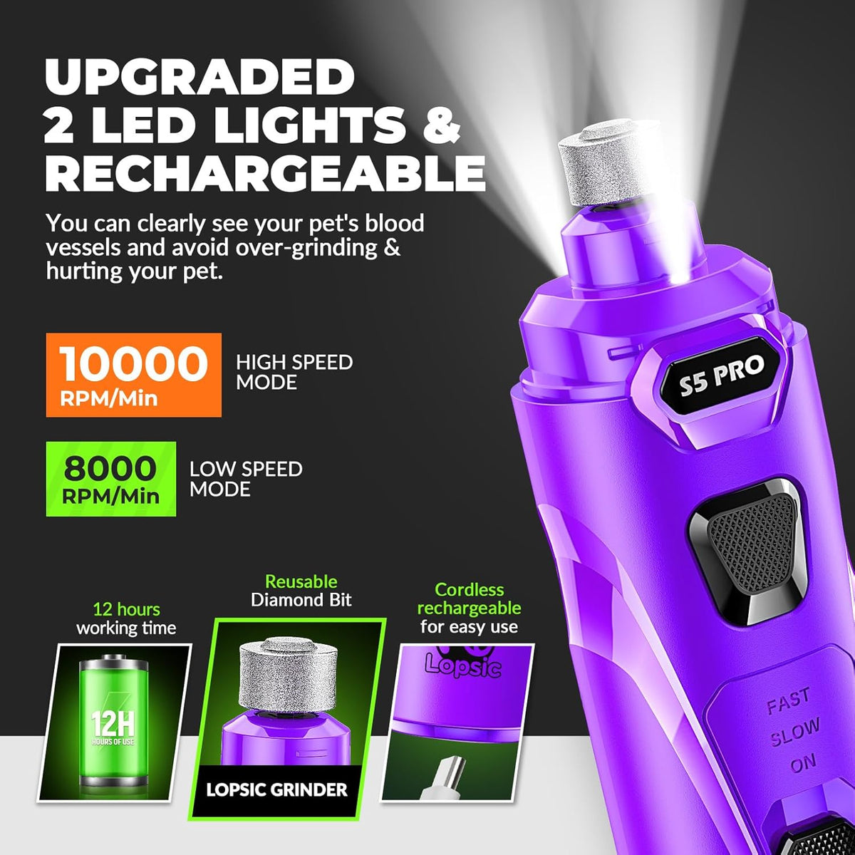 Dog Nail Grinder with 2 LED Lights Powerful 2 Speeds Super Quiet Dog Nail Trimmers with 3 Grinding
