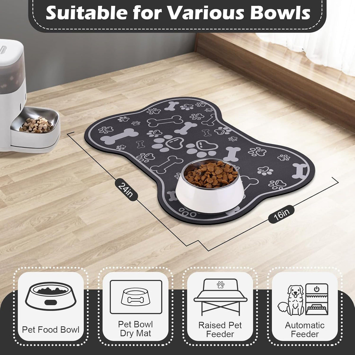 Dog Cat Food Mat,Rapid Absorbent Pet Feeding Mat, Bone Shaped Dog Placemat Water Bowl Mat with