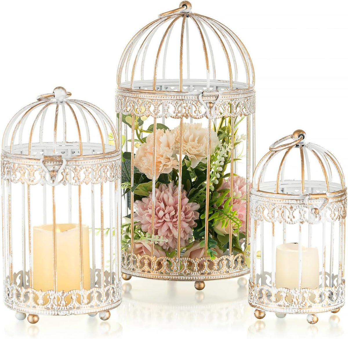NUPTIO Decorative Candle Lanterns White: 3 Pcs Distressed White Metal Bird Cage Indoors Lantern