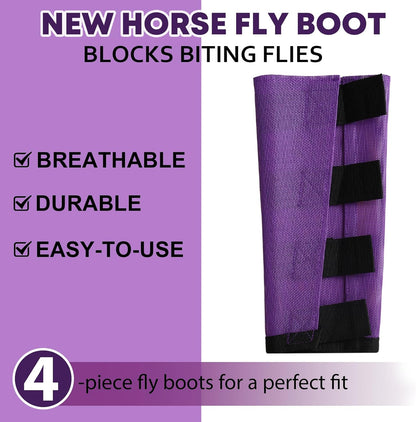 Premium 4-Pack Horse Fly Boots & Leggings Loose-Fit Fine Mesh with Stay-On Fasteners, Support