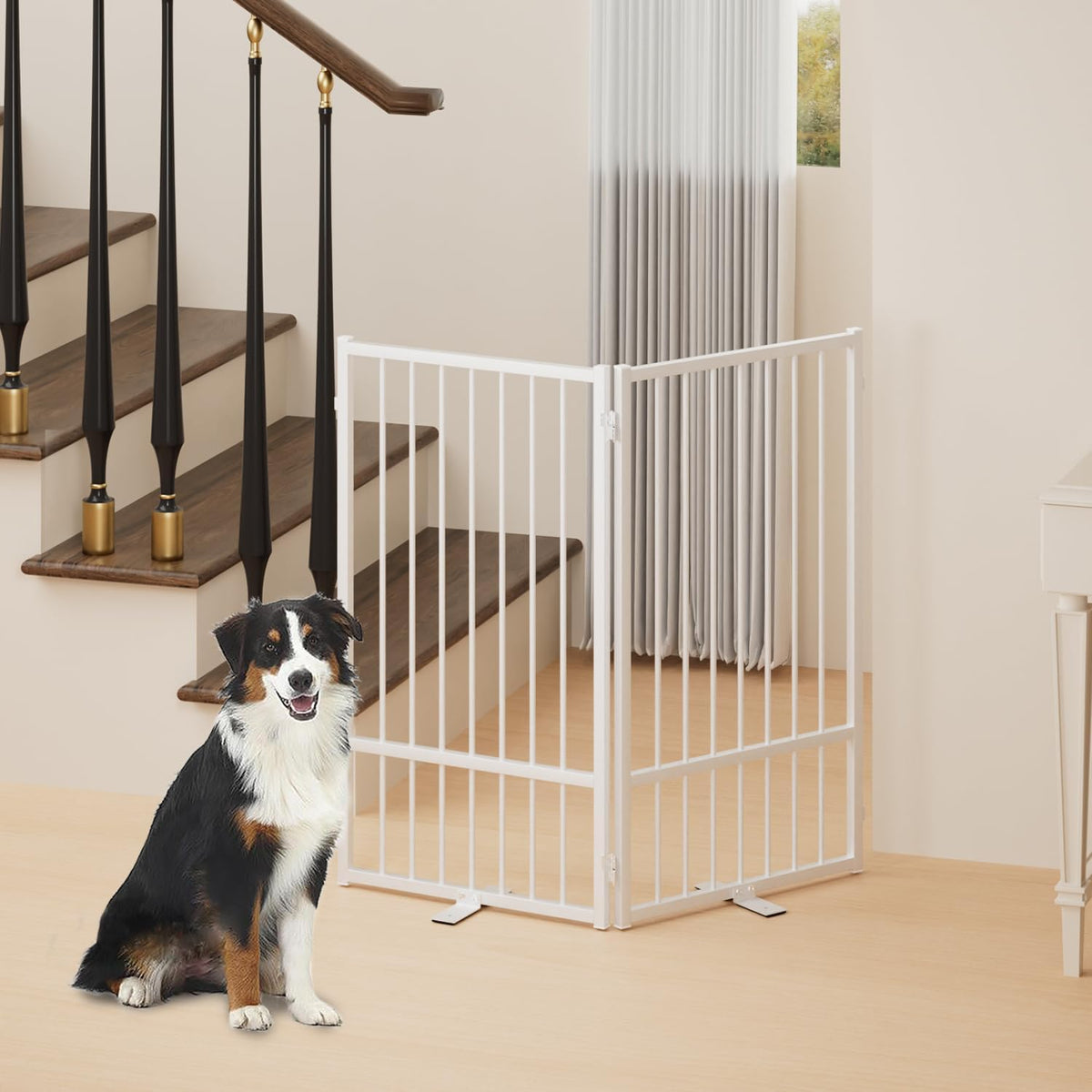 Full Metal Freestanding Dog Gate with Door, 36''Height Foldable Pet Dog Fence for Indoor & Outdoor