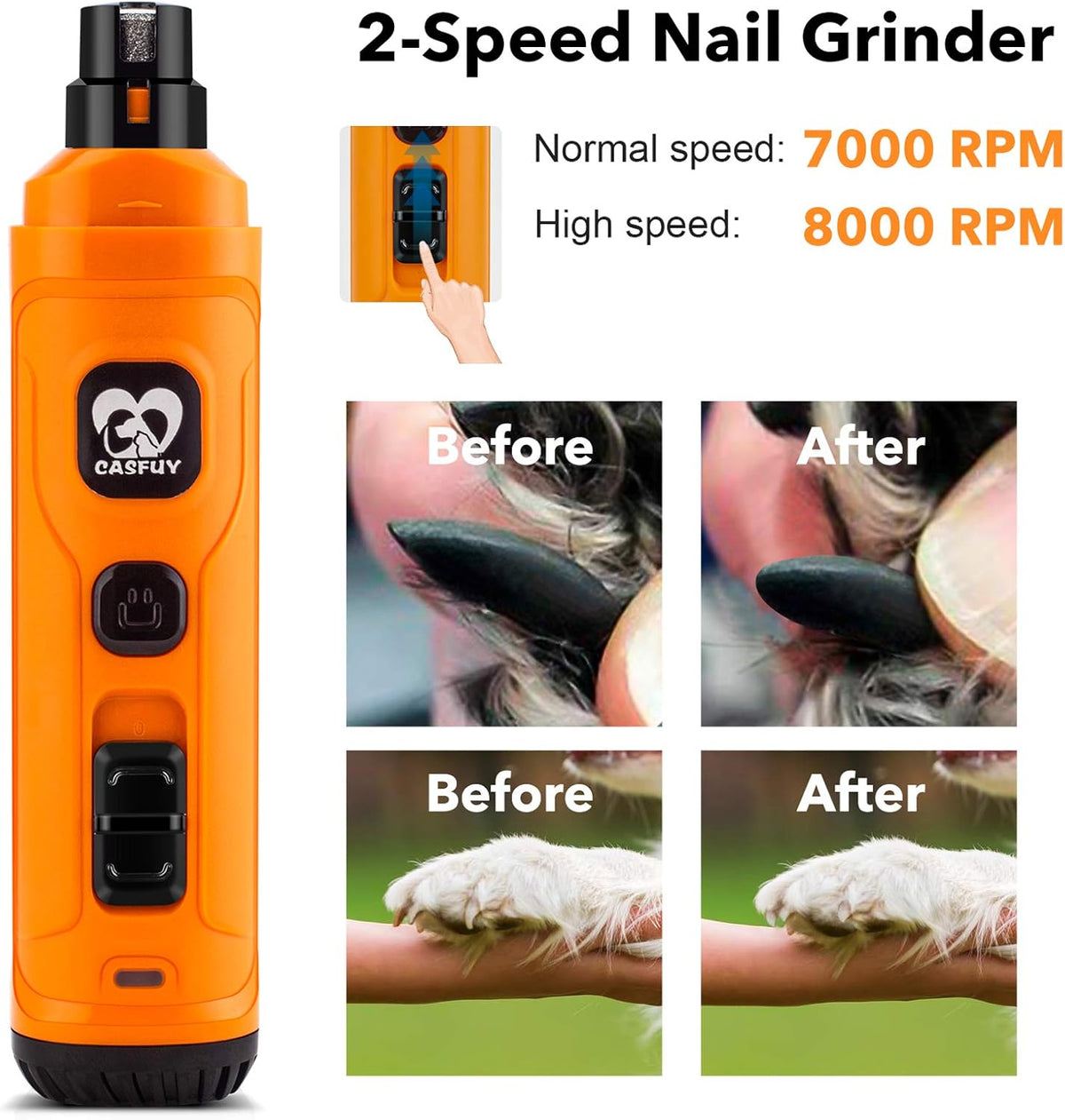 Casfuy Dog Nail Grinder with 2 LED Light - New Version 2-Speed Powerful Electric Pet Nail Trimmer