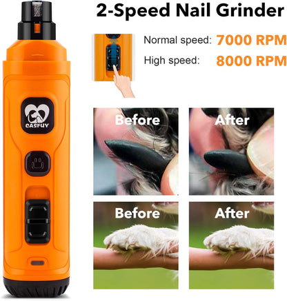 Casfuy Dog Nail Grinder with 2 LED Light - New Version 2-Speed Powerful Electric Pet Nail Trimmer