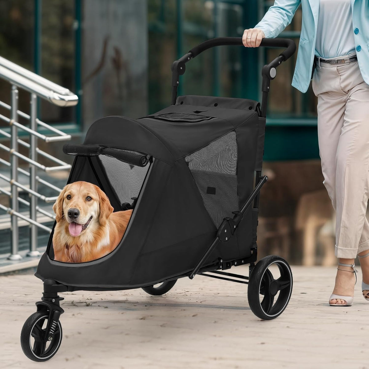 Magshion Pet Stroller for Medium Dogs w/Adjustable Handle, 3-Wheel Dog Cat Wagon w/Dual Entry, Rear