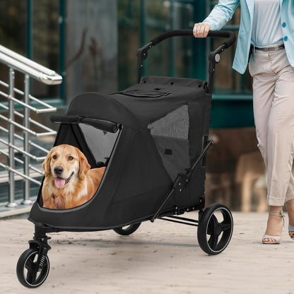 Magshion Pet Stroller for Medium Dogs w/Adjustable Handle, 3-Wheel Dog Cat Wagon w/Dual Entry, Rear