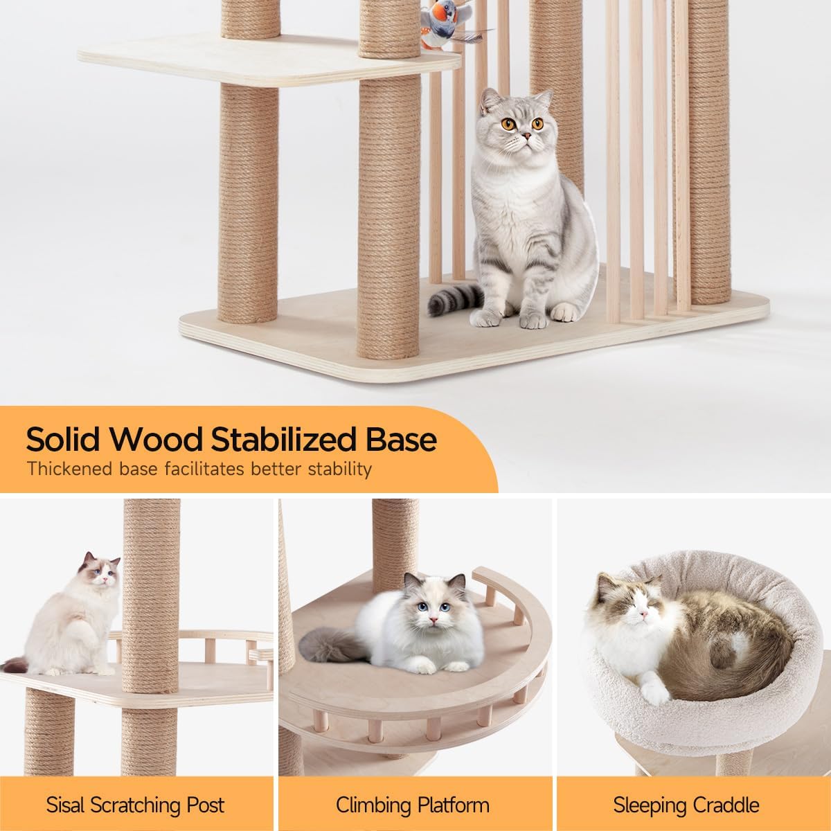 68" Large Cat Tree, Solid Wood Multi-Level Cat Tower with Scratching Posts, Fun Toys, and Washable