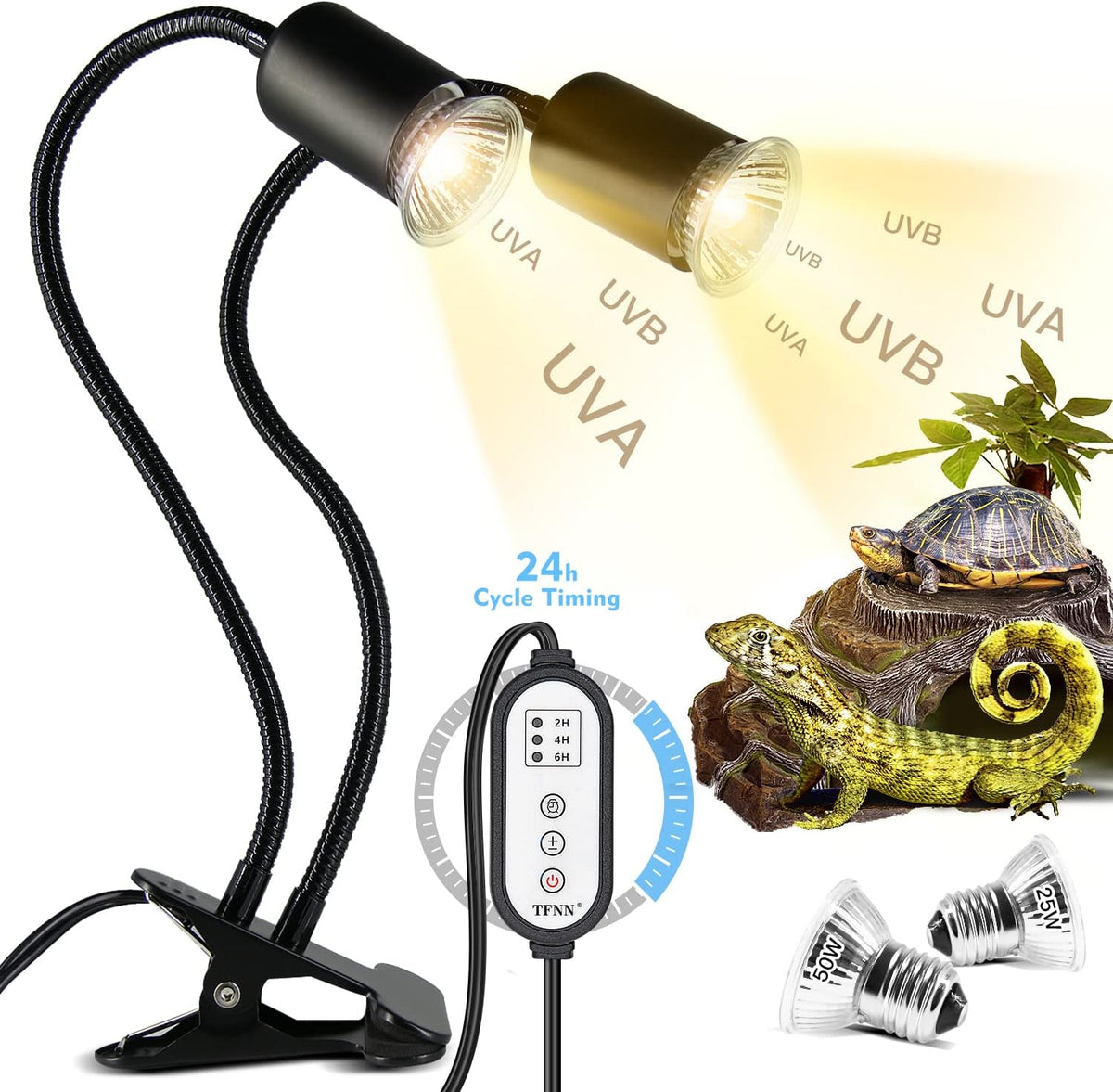 Reptile Heat Lamp, Double-Head Heat Lamp with Clamp, UVA UVB Reptile Light with Intelligent Cycle