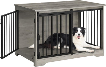 39.4" Heavy Duty Dog Crate Furniture with Barn Door, Wood Indoor Dog Crate Kennel for