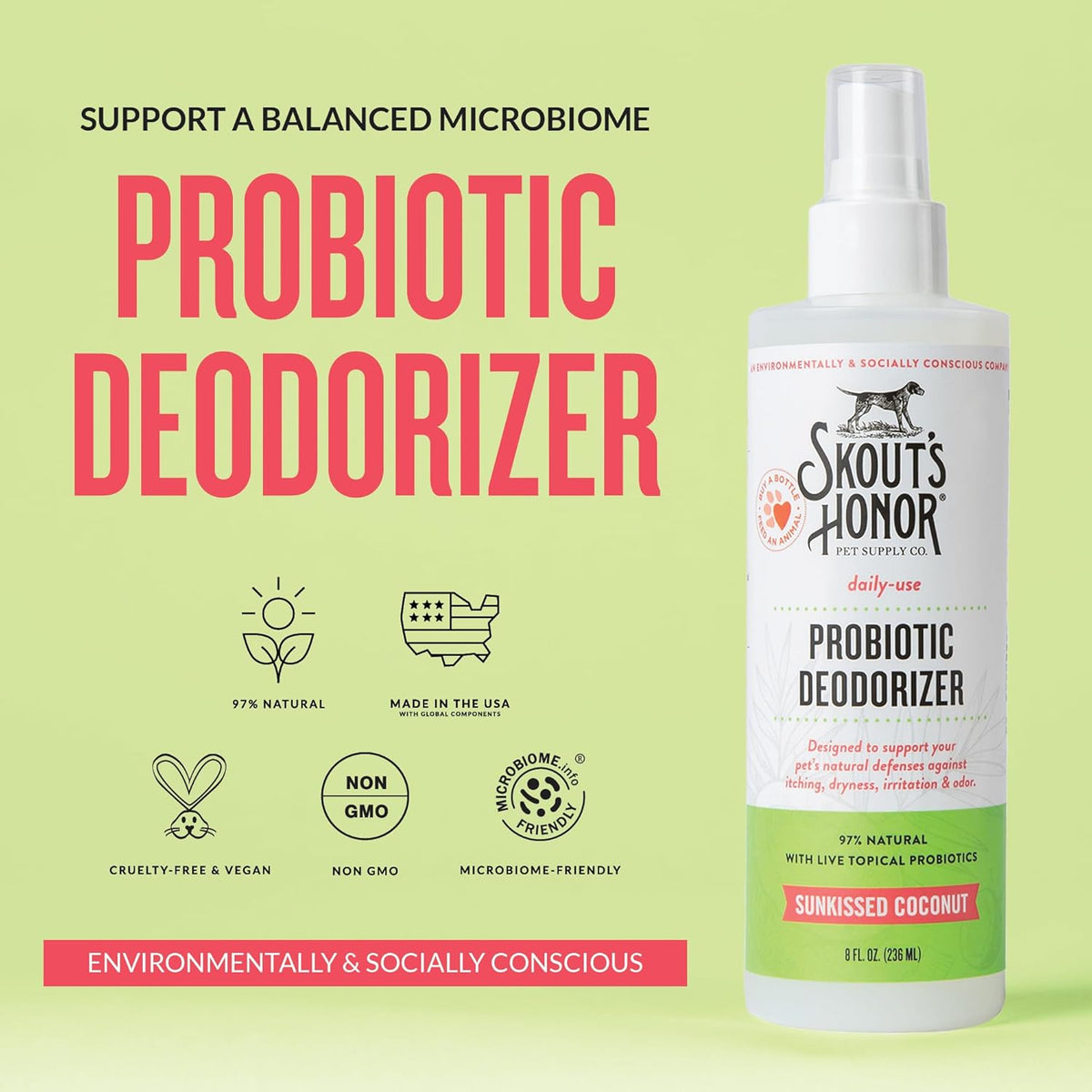 SKOUT'S HONOR Probiotic Pet Deodorizer Spray- Hydrating Daily-Use with Avocado Oil & Omega-3s
