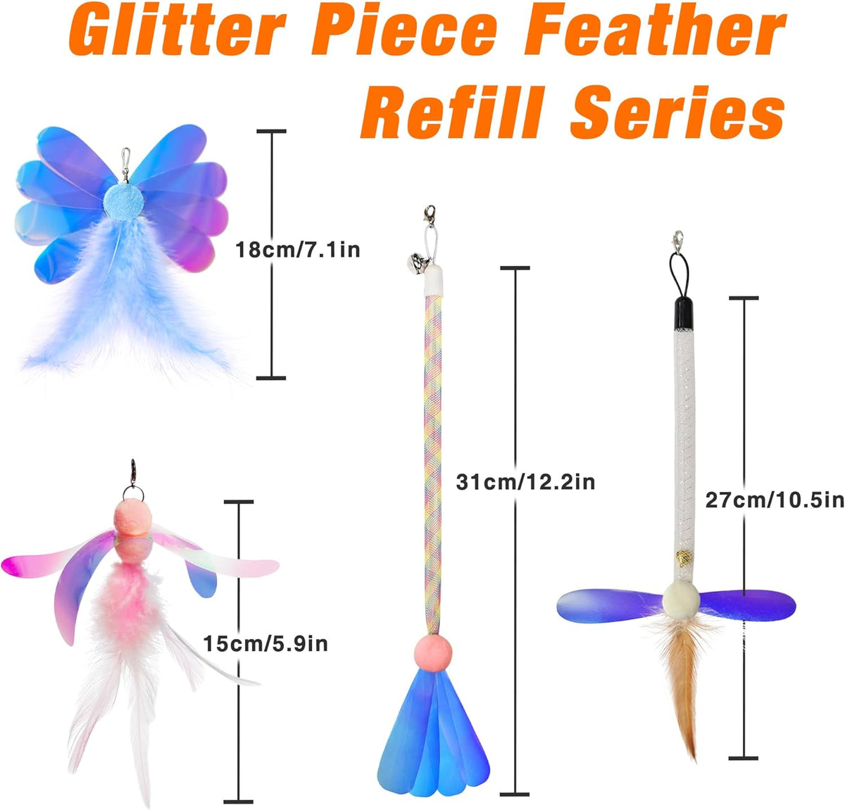 JXFUKAL Cat Feather Toy Refills, 4Pcs Simulation Butterfly Dragonfly Glitter Piece Feather Cat