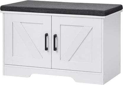 2-Tier Storage Bench, Shoe Bench with Padded Seat Cushion, Entryway Bench with 2 Barn Doors