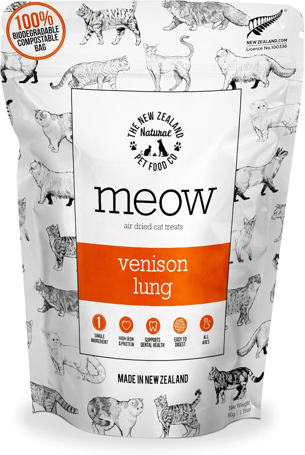Meow Air Dried Cat Treats - Venison Lung, High Protein, Healthy Cat Snacks and Toppers, All Natural