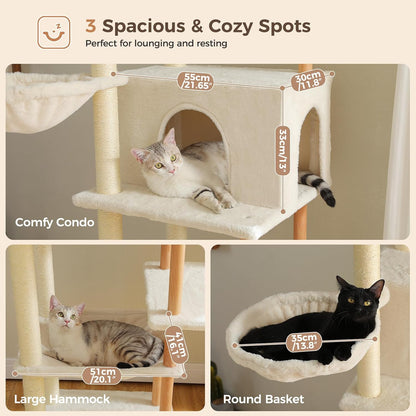 PAWZ Road Large Cat Tree, 73 Inches Tall Wooden Cat Tower with 2 Spacious Hammocks,2 Big Top Beds,8