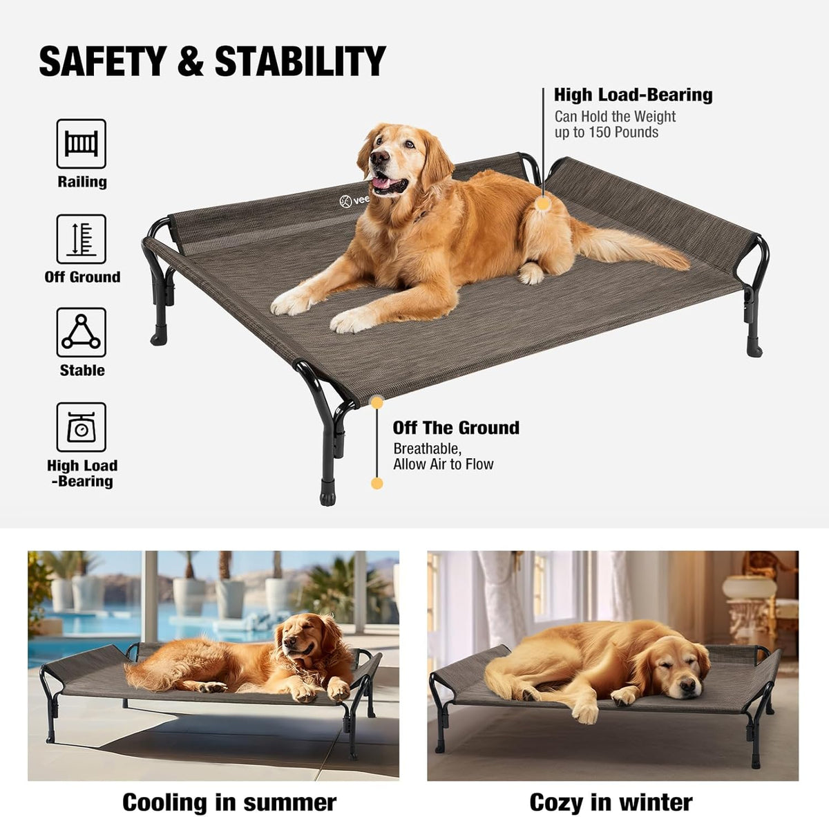 Veehoo Cooling Elevated Dog Bed, Raised Pet Cot with Guardrail & Slope Headrest, Durable Breathable