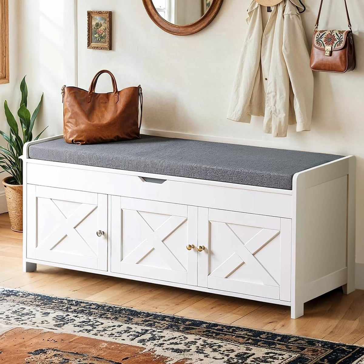 Amada Shoe Storage Bench, Entryway Bench with Cushioned Seat & Lift Top Storage, 3 Doors