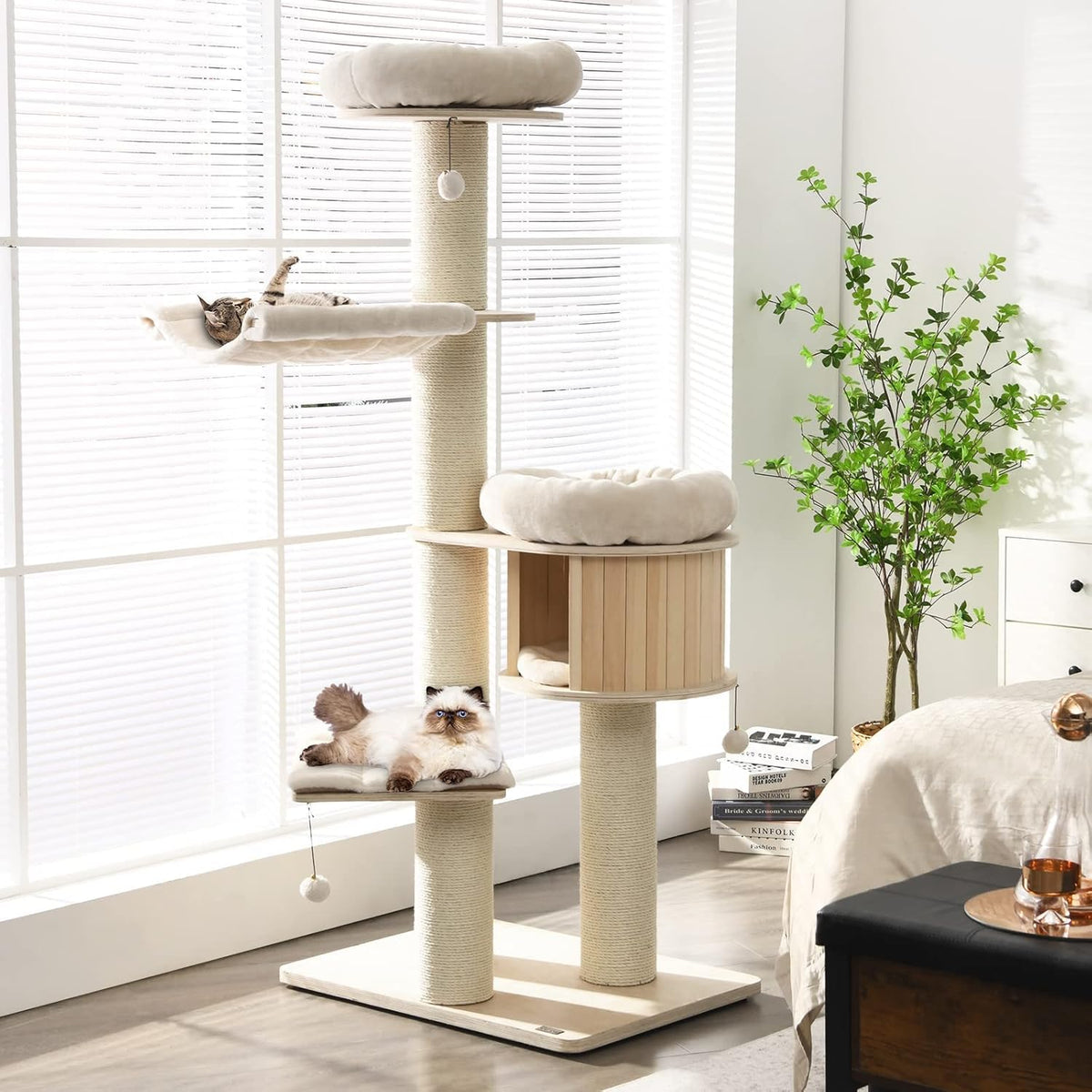 Tangkula Modern Cat Tree, Multi-Level Large Cat Tower with Condo, Hammocks & Hanging Basket, Tall