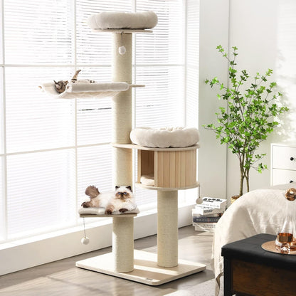 Tangkula Modern Cat Tree, Multi-Level Large Cat Tower with Condo, Hammocks & Hanging Basket, Tall
