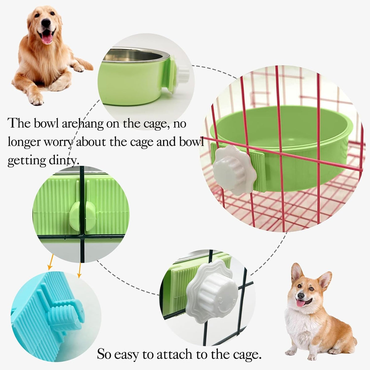 kathson Crate Dog Bowl 2pcs, Removable Stainless Steel Hanging Pet Kennel Cage Bowl Food & Water