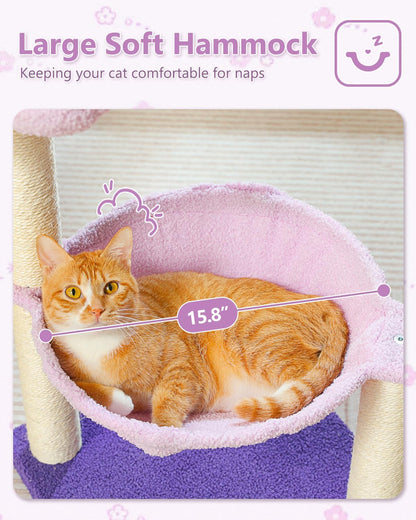 Flower Cat Scratching Post, 28" Cute Cat Tree Tower for Indoor Cats with Large Hammock Soft Perch
