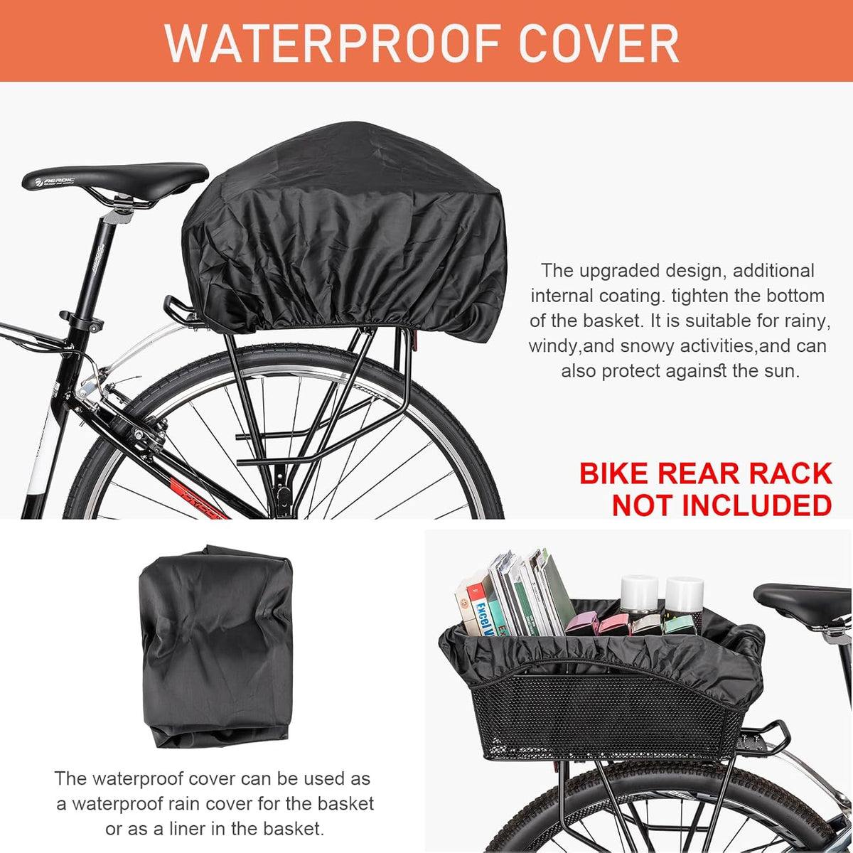 Rear Bike Basket - Large Bicycle Rear Basket with Cargo Net and Waterproof Cover, Wire Bike Baskets