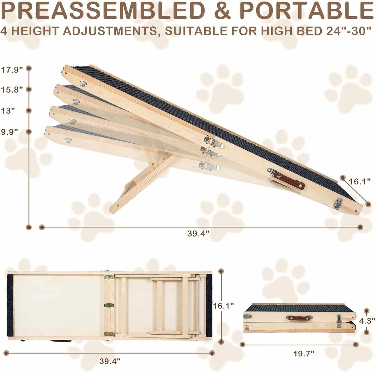 Foldable Dog Ramp for Bed, 4 Adjustable Portable Pet Ramps, 40" Long Pet Ramp for Small Dogs, for