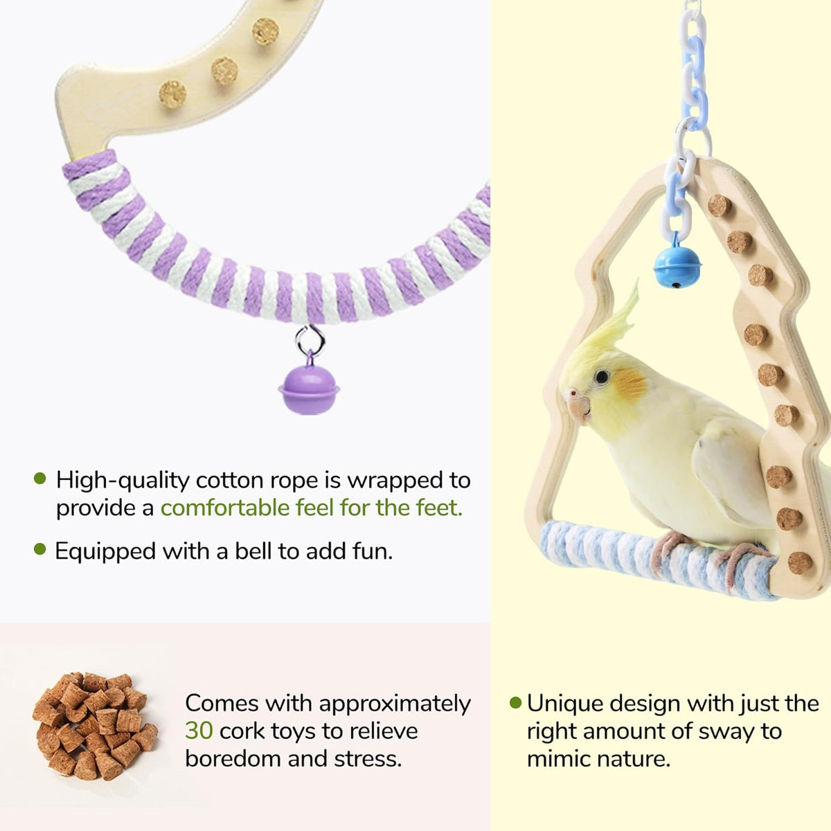 Natural Bird Swing - Moon-Shaped Parrot Perch with Bell and Cork Toys, Spinning Wooden Stand for