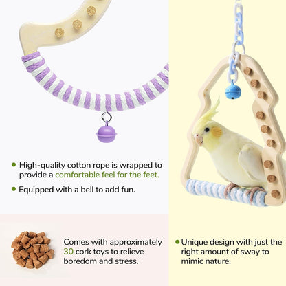 Natural Bird Swing - Moon-Shaped Parrot Perch with Bell and Cork Toys, Spinning Wooden Stand for