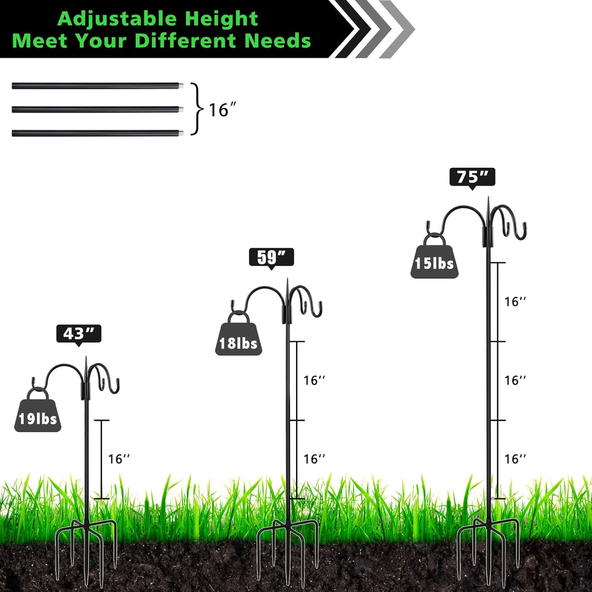 FEED GARDEN [Upgrade Version 76 Inch Three Shepherd Hooks for Outdoor,Bird Feeder Pole with 5 Prong
