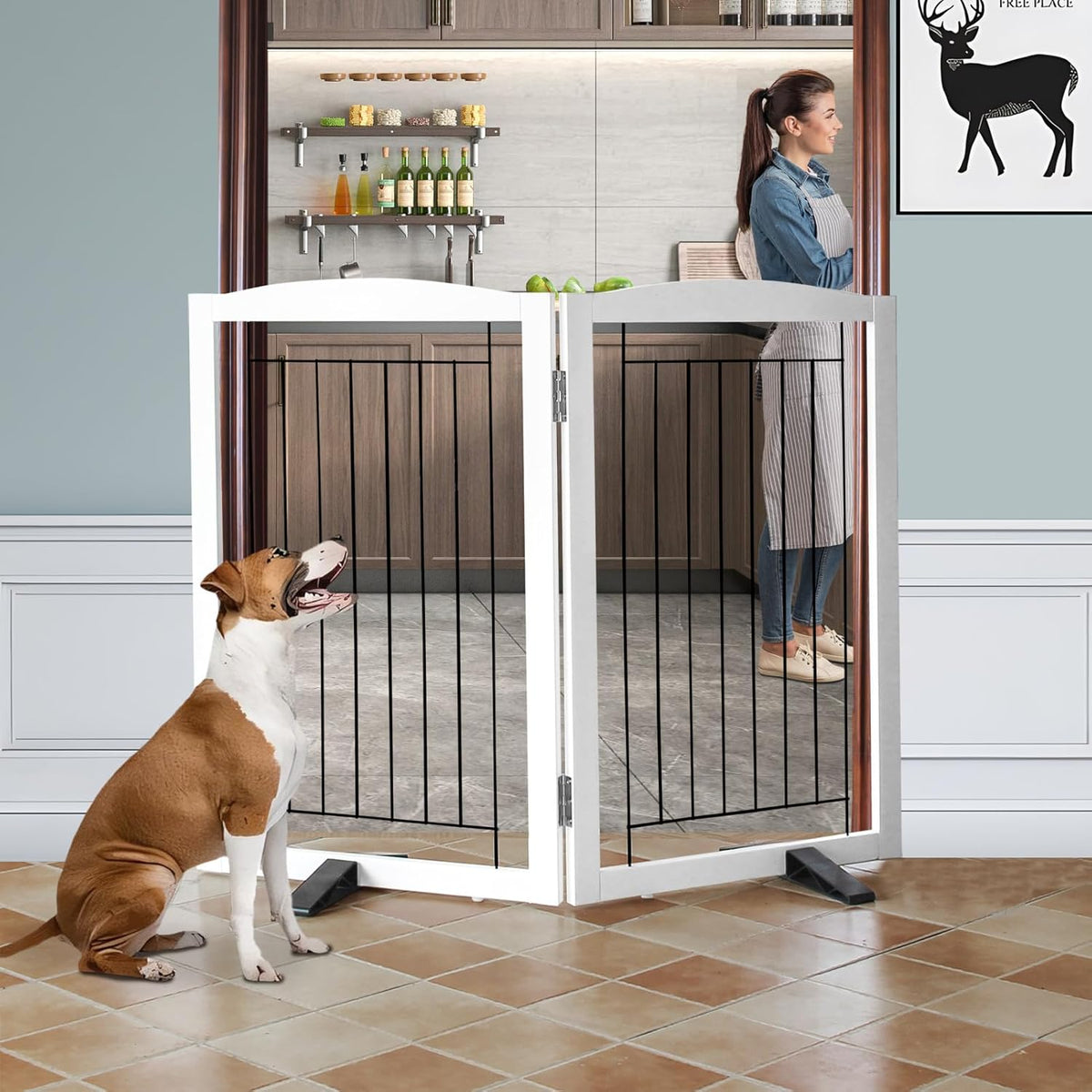 ZJSF Freestanding Dog Fence Indoor, Foldable Dog Gate for Doorways, Stairs or Hallways, Sturdy Wood
